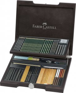 Faber-Castell Pitt Monochrome Assortment -piirustustuotesetti puulaatikossa, 85-osainen