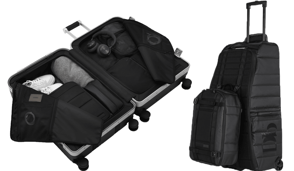 Pyörillä varustettu matkalaukku avattuna sekä pienempi lentolaukku