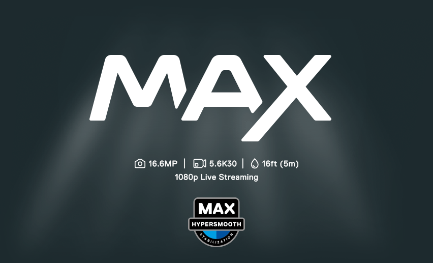 gopro max, 16.6MP, kuvaus: 5.6K30, 5m syvyydessä vedessä, 1080p live streaming. Hypersmooth MAX.
