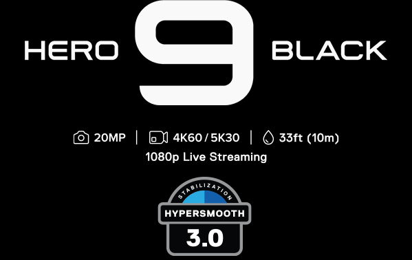 gopro hero 9 black, 20MP, kuvaus: 4K60 ja 5K30, 10m syvyydessä vedessä, 1080p live streaming. Hypersmooth 3.0.