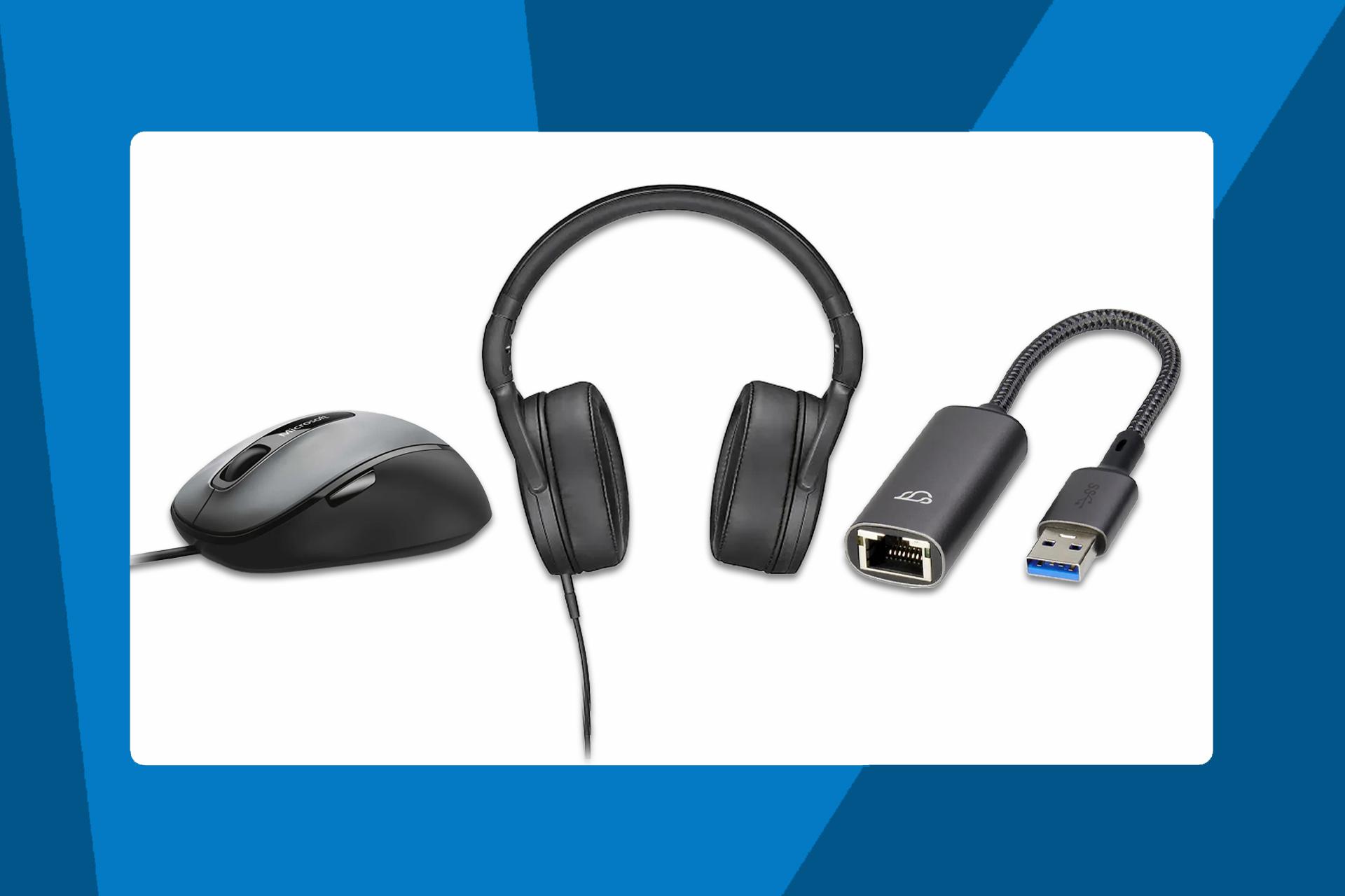 Microsoft Comfort Mouse 4500 yrityksille -hiiri, mustat Sennheiser HD 400S -sankakuulokkeet ja Bluecloud USB-A Gigabit Ethernet -adapteri
