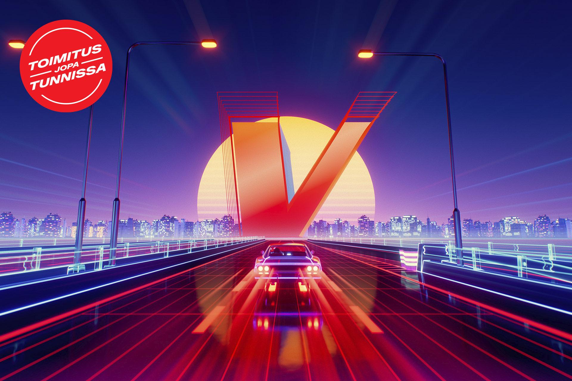 Pallura jossa teksti:Toimitus jopa tunnissa. Alapuolella ajaa futuristinen auto futuristisessa kaupungissa kohti isoa V-logoa joka on auringon edessä.