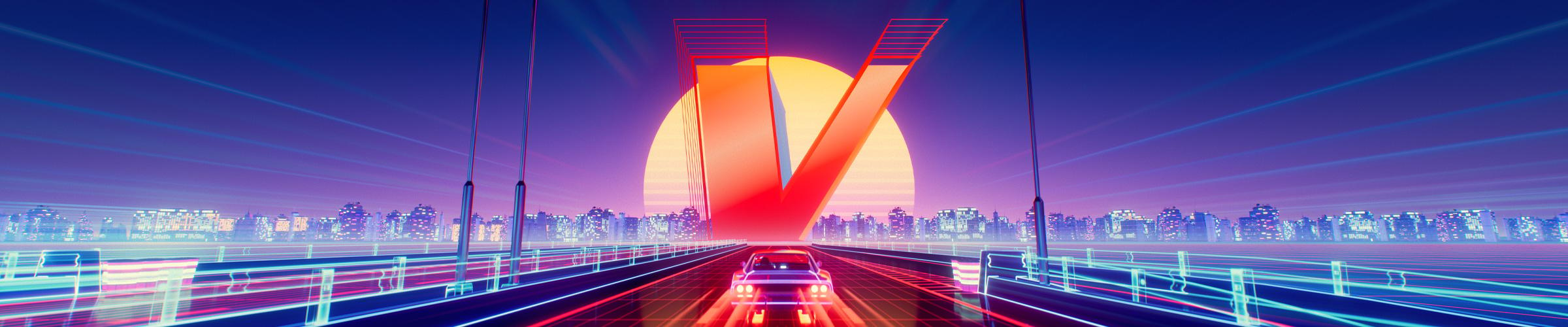 V-logo futuristisen kaupungin horisontissa. Sitä kohti ajaa auto.