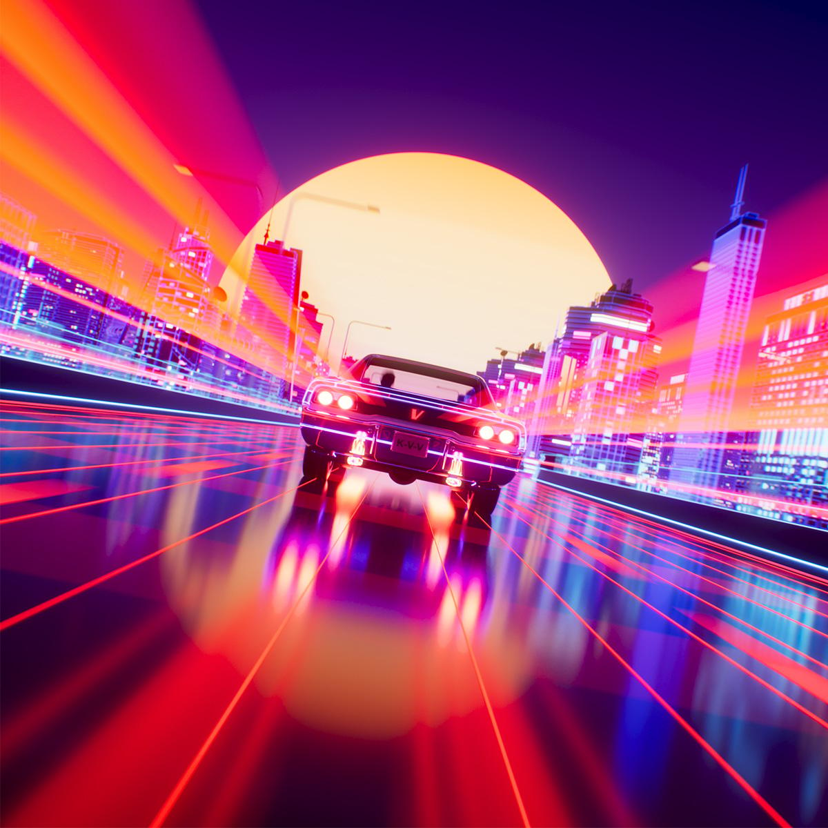 Auto ajaa kohti auringonlaskua futuristisessa kaupungissa