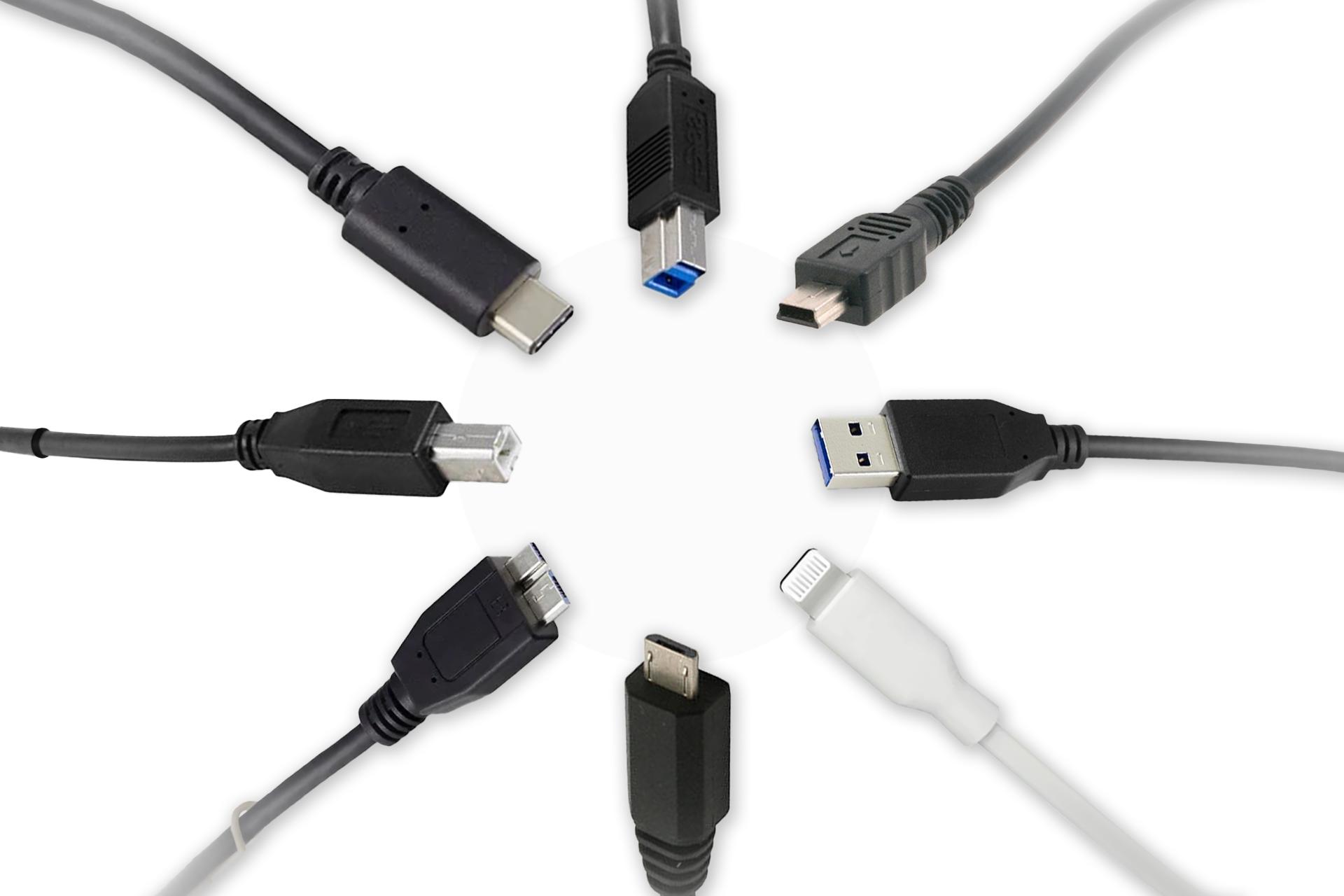 Kahdeksan erilaista USB-johtoa ympyrässä