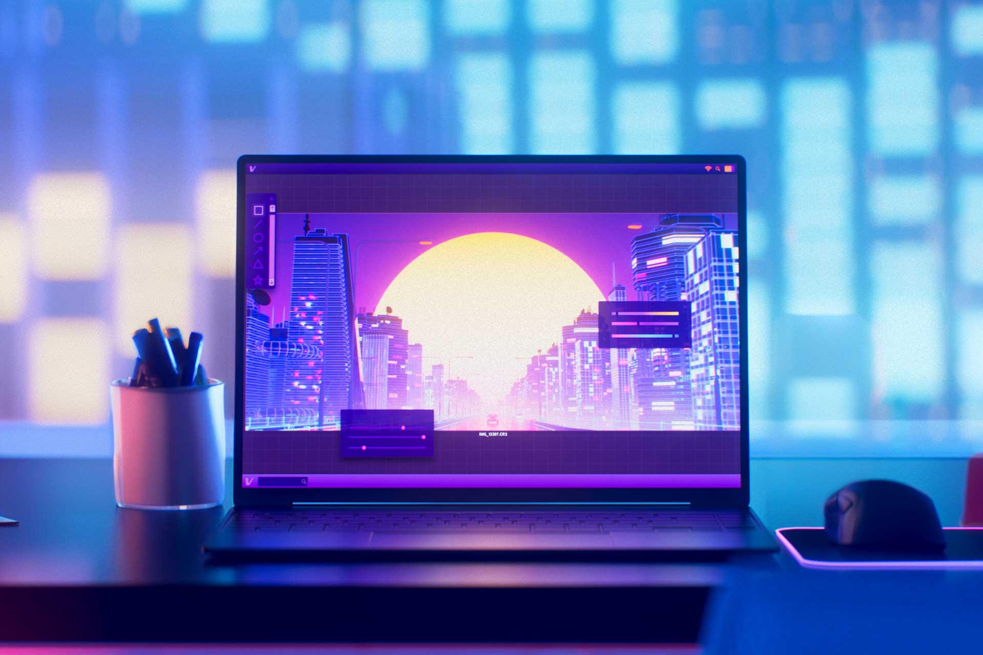 Toimistopöydällä tietokone ja kynäteline. Näkymä ikkunasta futuristiseen kaupunkiin.