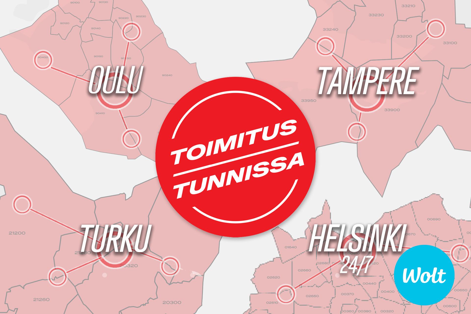 Toimitus tunnissa pallero ja taustalla Oulun, Tampereen, Turun ja Helsingin postinumeroalueet kartalla. Wolt-logo oikeassa alakulmassa.
