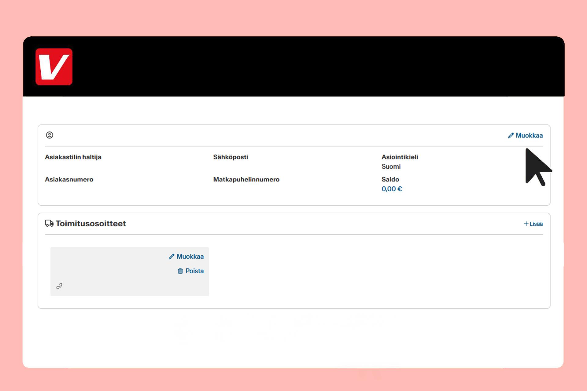 Ikkuna auki asiakastiedoissa Hiiren kursori muokkaus painikkeen vieressä.