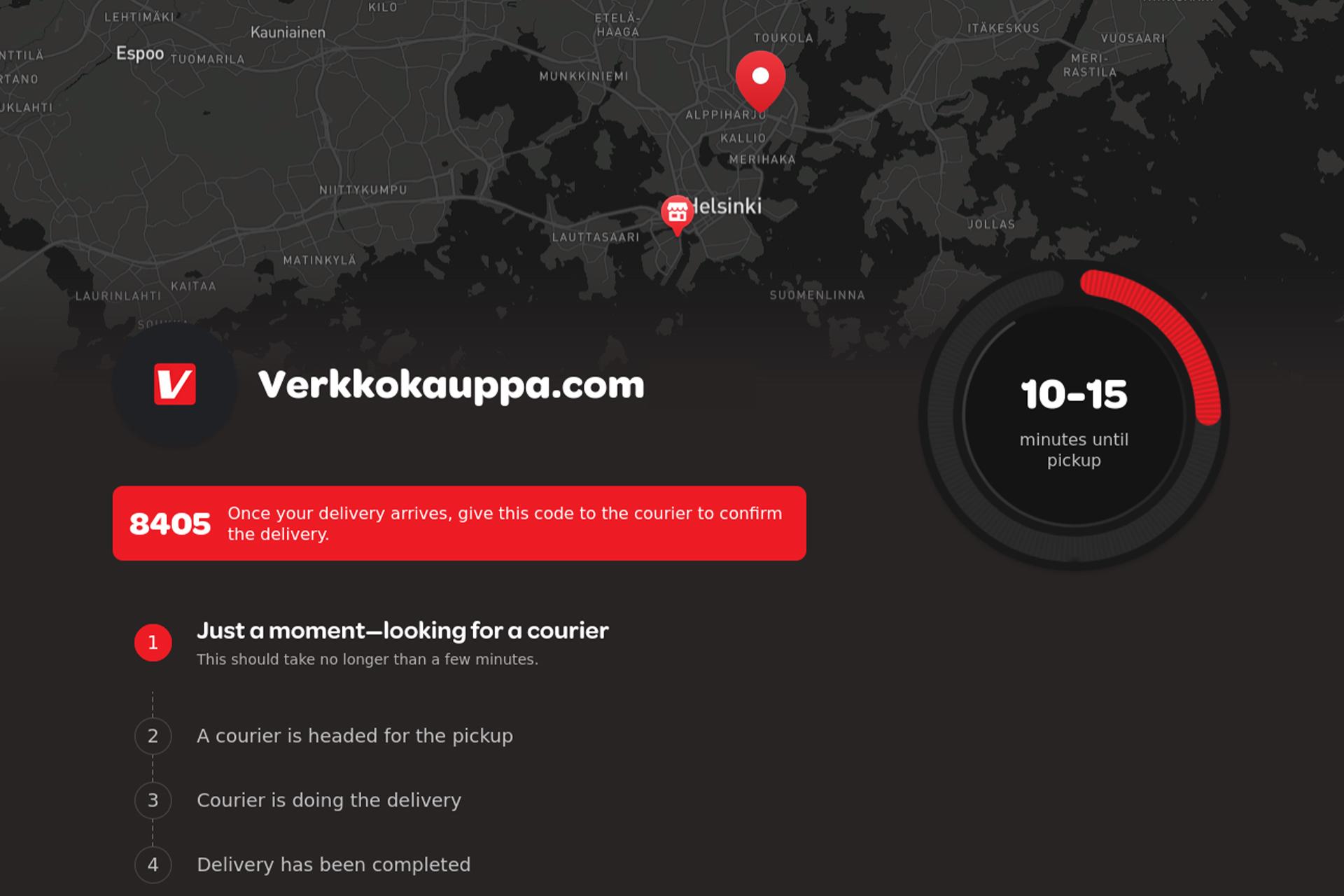 Kuvassa Wolt-app jossa näkyy Verkkokauppa.com tilaus ja toimitusaika. Pin-koodi on punaisessa laatikossa.