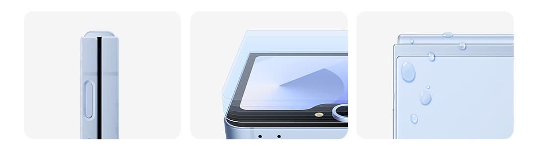 Lähikuva suljetusta Galaxy Z Flip6:sta sivulta. Lähikuva Galaxy Z Flip6 FlexWindow -näytöstä, jossa näytön päällä on suojalasi. Lähikuva Galaxy Z Flip6:n kulmasta, jonka ulkopinnalla on vesipisaroita.