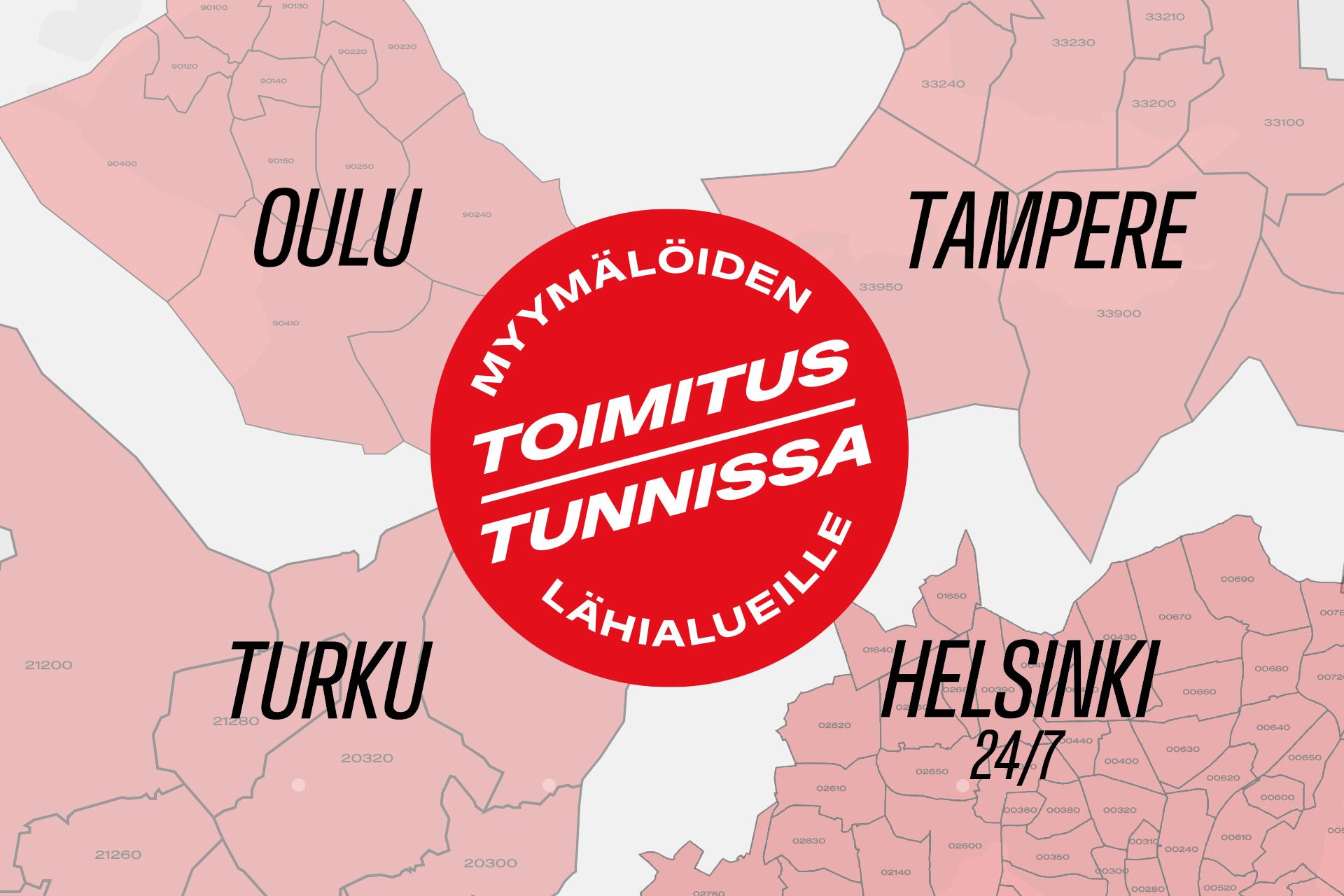 Toimitus tunnissa pallero ja taustalla Oulun, Tampereen, Turun ja Helsingin postinumeroalueet kartalla. Wolt-logo oikeassa alakulmassa.