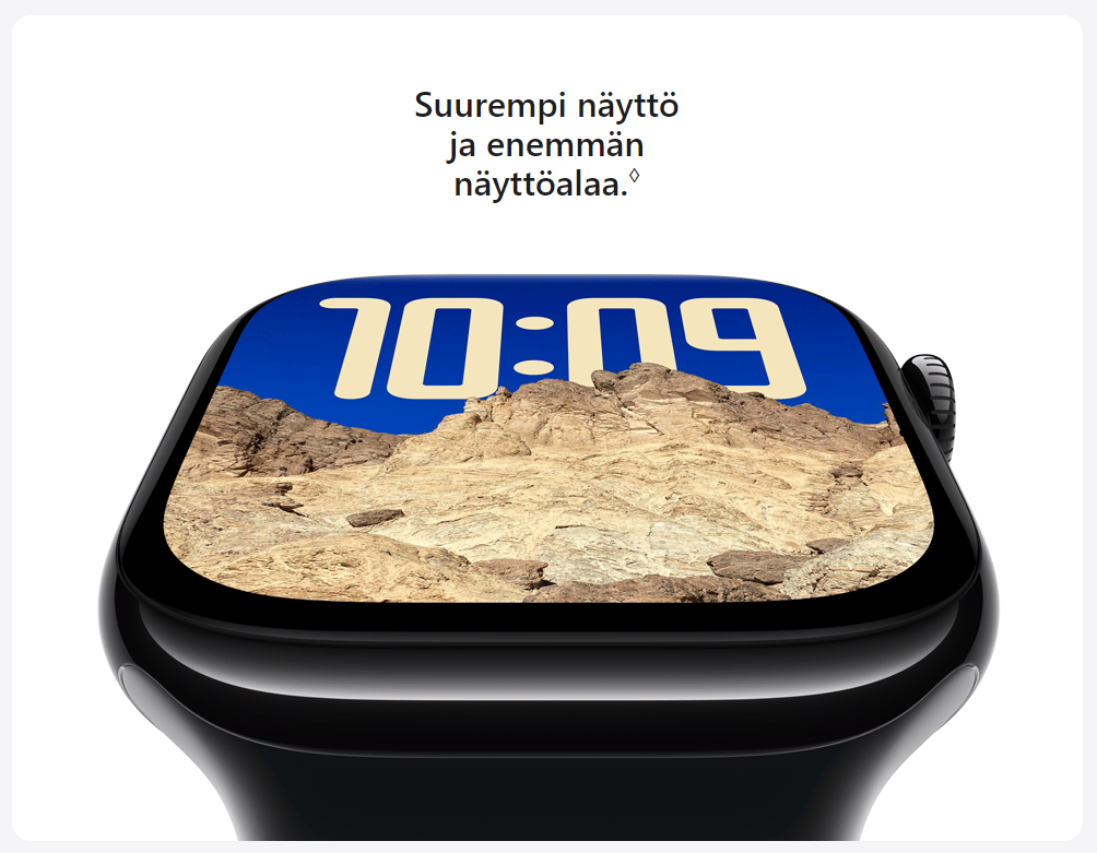 Apple Watch Series 10:n näyttö kallistettuna taaksepäin, mikä korostaa sen suurempaa näyttöalaa. Teksti: Suurempi näyttö ja enemmän näyttöalaa.