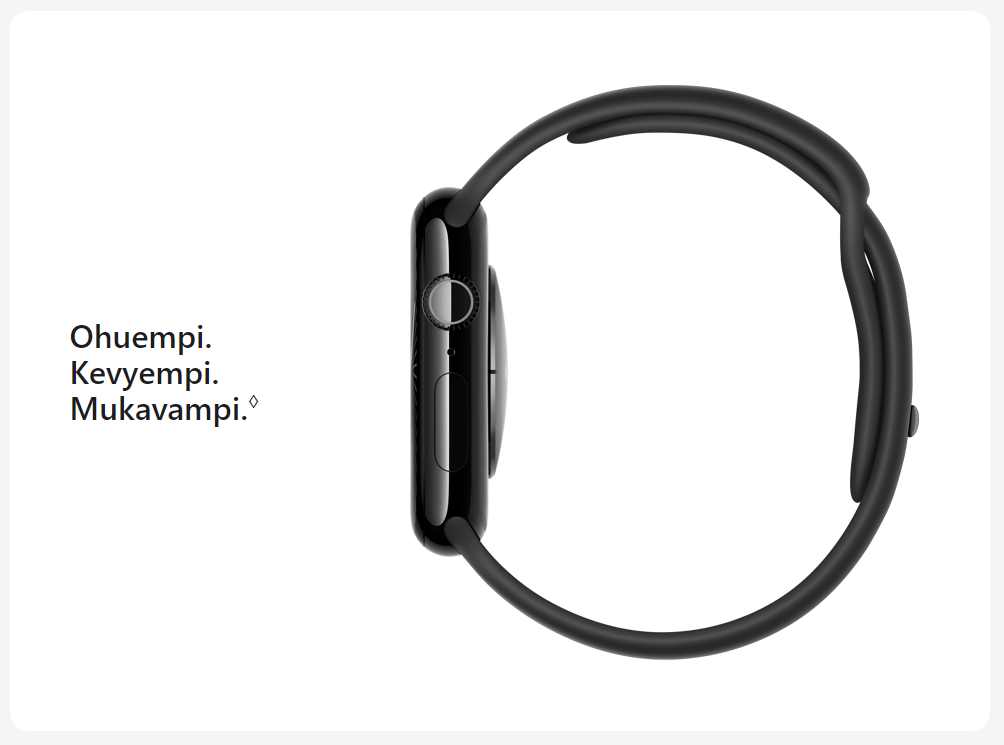 Apple Watch Series 10:n oikea puoli, josta näkyy laitteen ohuus. Teksti: Ohuempi. Kevyempi. Mukavampi.