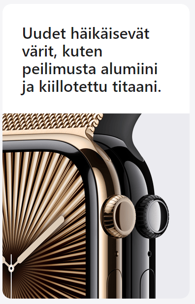 Lähikuva kullanvärisestä titaanipinnasta ja peilimustastaa alumiinipinnasta. Teksti: Uudet häikäisevät värit, kuten peilimusta alumiini ja kiillotettu titaani.