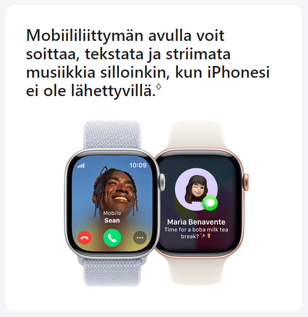 Saapuva puhelu Apple Watch Series 10:ssä ja saapuva tekstiviesti Apple Watch Series 10:ssä. Teksti: Mobiililiittymän avulla voit soittaa, tekstata ja striimata musiikkia silloinkin, kun iPhonesi ei ole lähettyvillä.