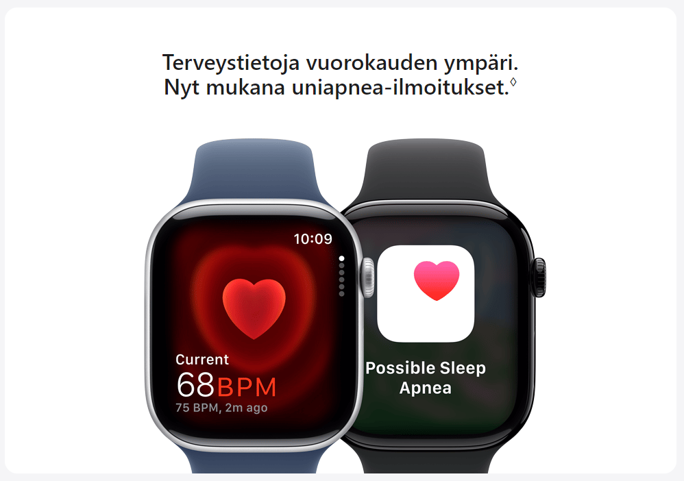 Syke-appi näyttää tämänhetkisen sykelukeman 68 lyöntiä minuutissa ja uniapneailmoitus näkyy kahdella erillisellä Apple Watch Series 10 ‑laitteen näytöllä. Teksti: Terveystietoja vuorokauden ympäri. Nyt mukana uniapnea-ilmoitukset.