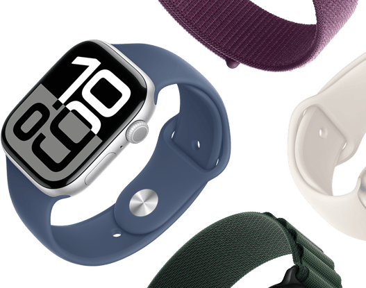 Apple Watch Series 10 farkunsinisellä urheilurannekkeella, vieressä luumunvärinen Sport Loop ‑ranneke, tähtivalkea urheiluranneke ja tummanvihreä Alpine-ranneke