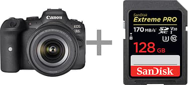 Canon EOS R6 -järjestelmäkamera + 24-105 mm objektiivi + 128 Gt muistikortti