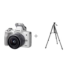 Canon EOS M50 -mikrojärjestelmäkamera, valkoinen + 15-45 mm -objektiivi + jalusta