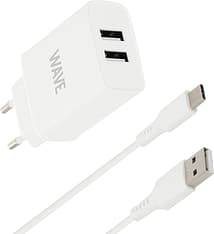 Wave verkkolaturisovitin 2 x USB + Type-C -kaapeli, 3A, valkoinen