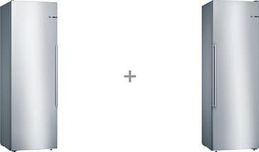 Bosch KSV36AI4P Serie 6 -jääkaappi ja Bosch GSN36MI3V Serie 6 -kaappipakastin, teräs