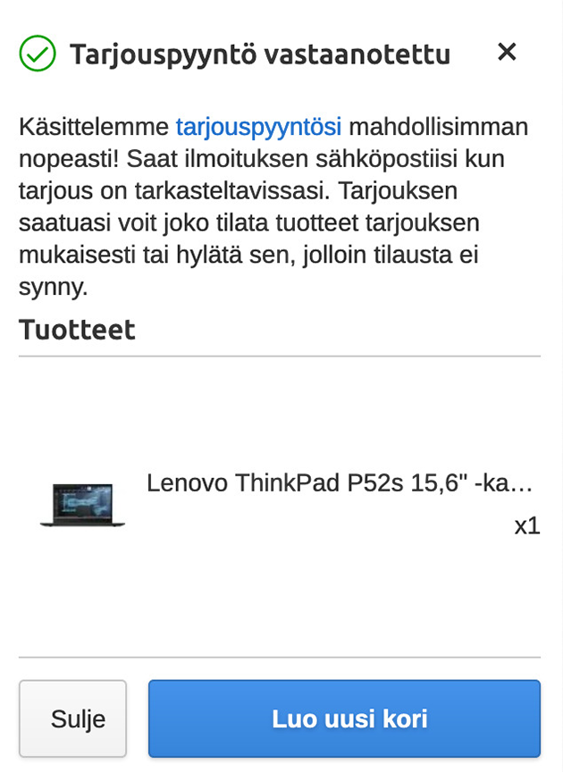 verkkokauppa.com tarjouspyyntö vastaanotettu