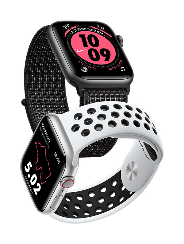 Kaksi Apple Watch Nike Series 5 -älykelloa eri rannekkeilla