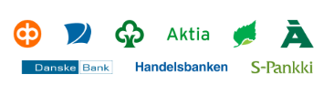 Pankkien logot - Nordea, Danske Bank, Osuuspankki, Aktia/SPOP, S-Pankki, Tapiola Pankki, Ålandsbanken, Handelsbanken ja Säästöpankki