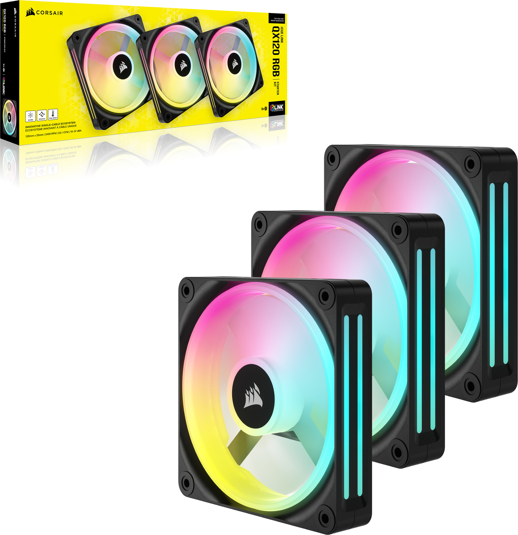 Corsair iCUE LINK QX120 RGB PWM -tuuletin, 120 mm, musta, 3 kpl Starter Kit