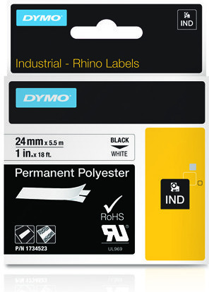 Dymo Rhino Industrial -pysyvä polyesteriteippi 24 mm x 5,5 m, musta valkoisella pohjalla
