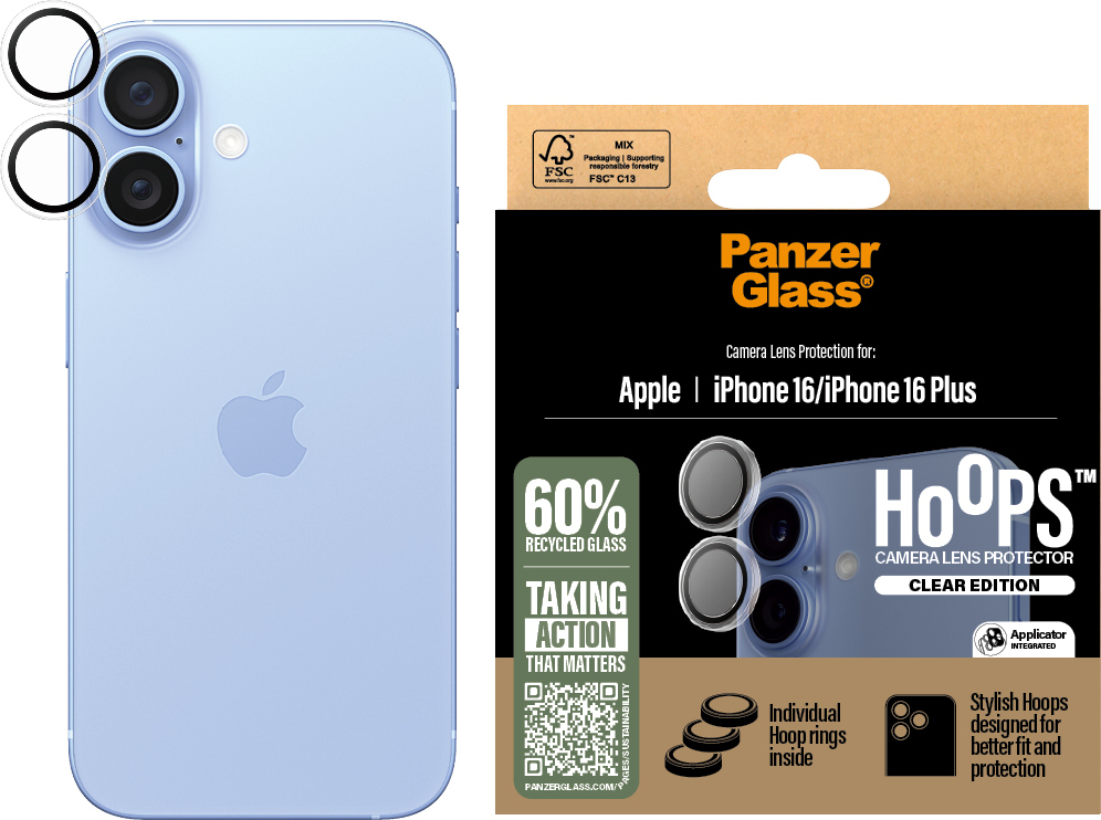 PanzerGlass Hoops -kameran linssinsuoja, iPhone 16 / 16 Plus, läpinäkyvä