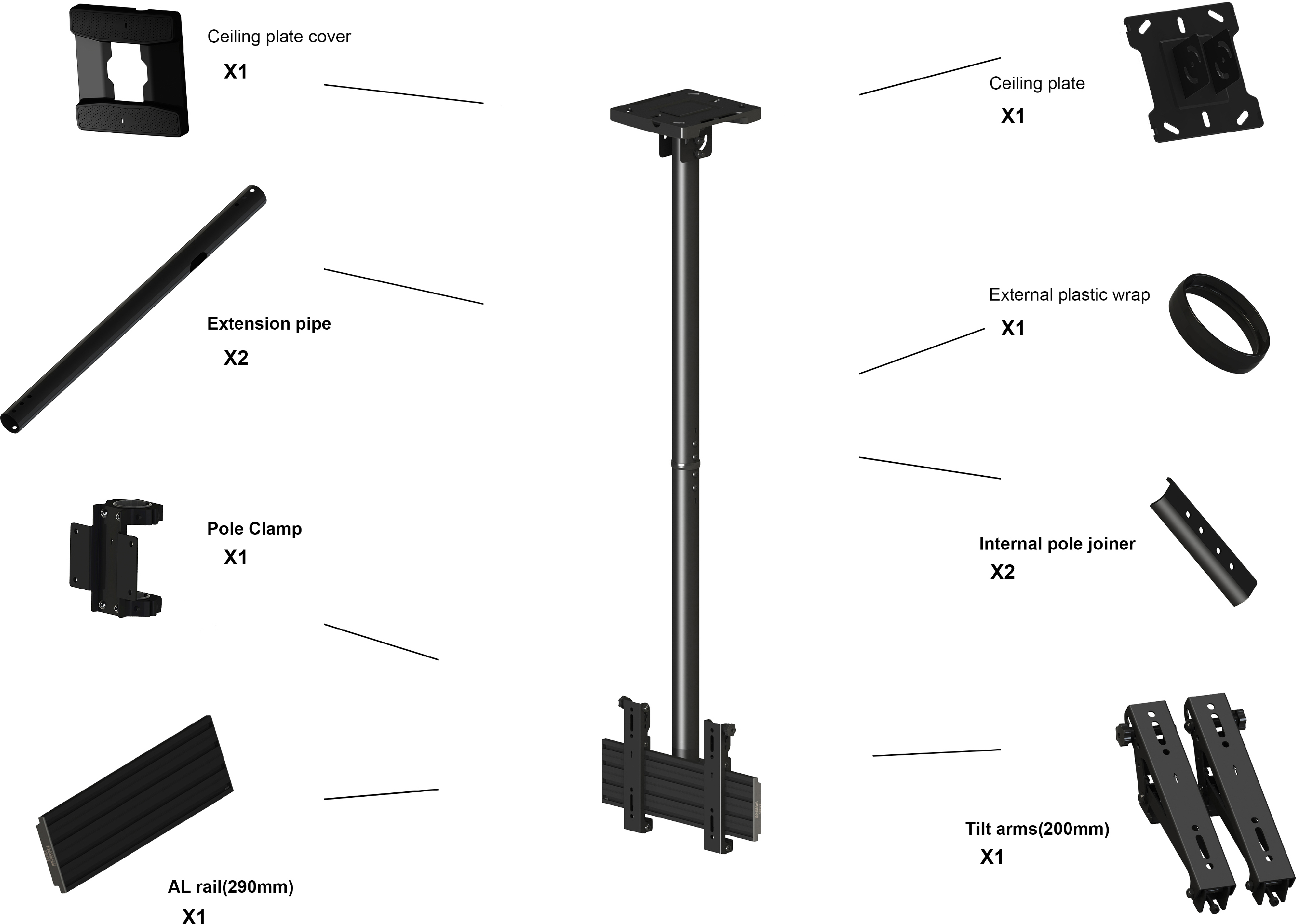 Multibrackets M Ceiling Mount Pro 1U VESA 200 -kattokiinnike 24-42" näytöille