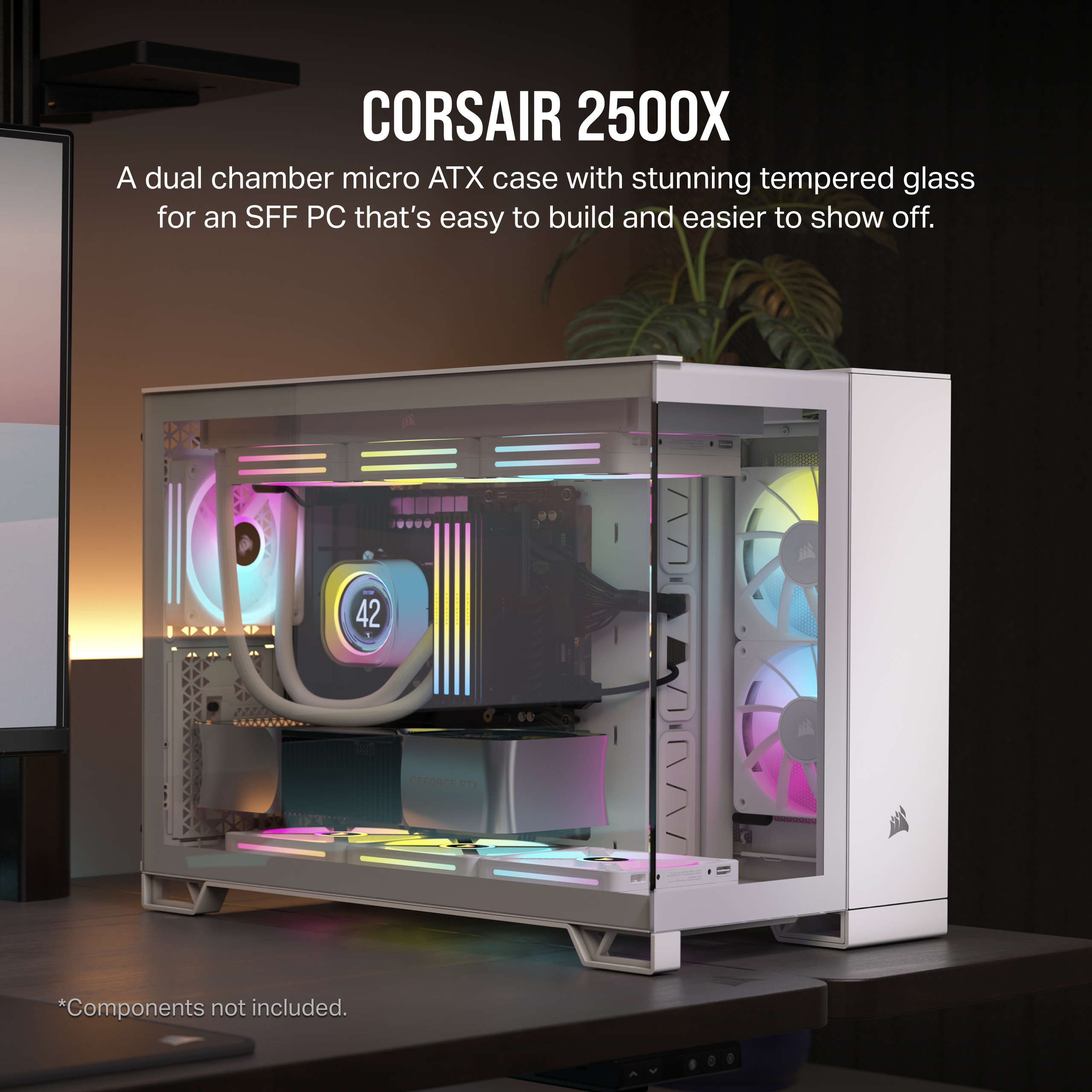 Corsair 2500X Micro-ATX-kotelo panoraamaikkunalla, valkoinen