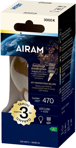 Airam LED A60 -lamppu, E27, 3000K, 470lm, kirkaskupuinen