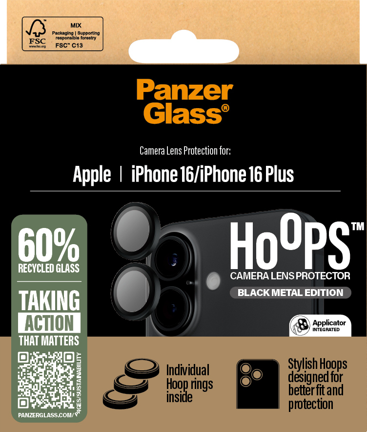 PanzerGlass Hoops -kameran linssinsuoja, iPhone 16 / 16 Plus, musta