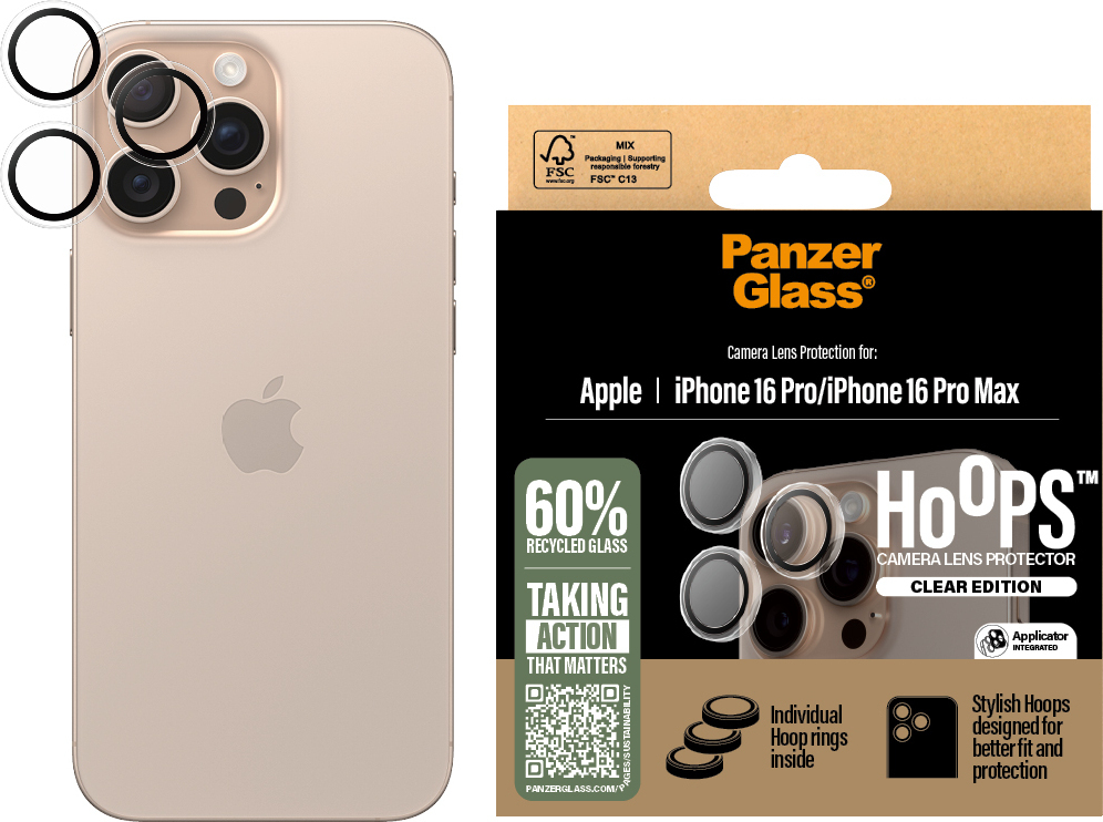 PanzerGlass Hoops -kameran linssinsuoja, iPhone 16 Pro / 16 Pro Max, läpinäkyvä