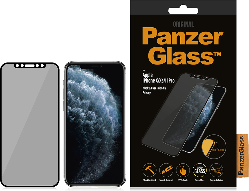 PanzerGlass Case Friendly Privacy -panssarilasi, iPhone X / Xs / 11 Pro, musta