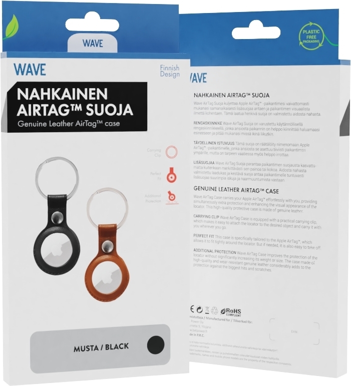 Wave Genuine Leather nahkasuoja avainrenkaalla, Apple AirTag, musta