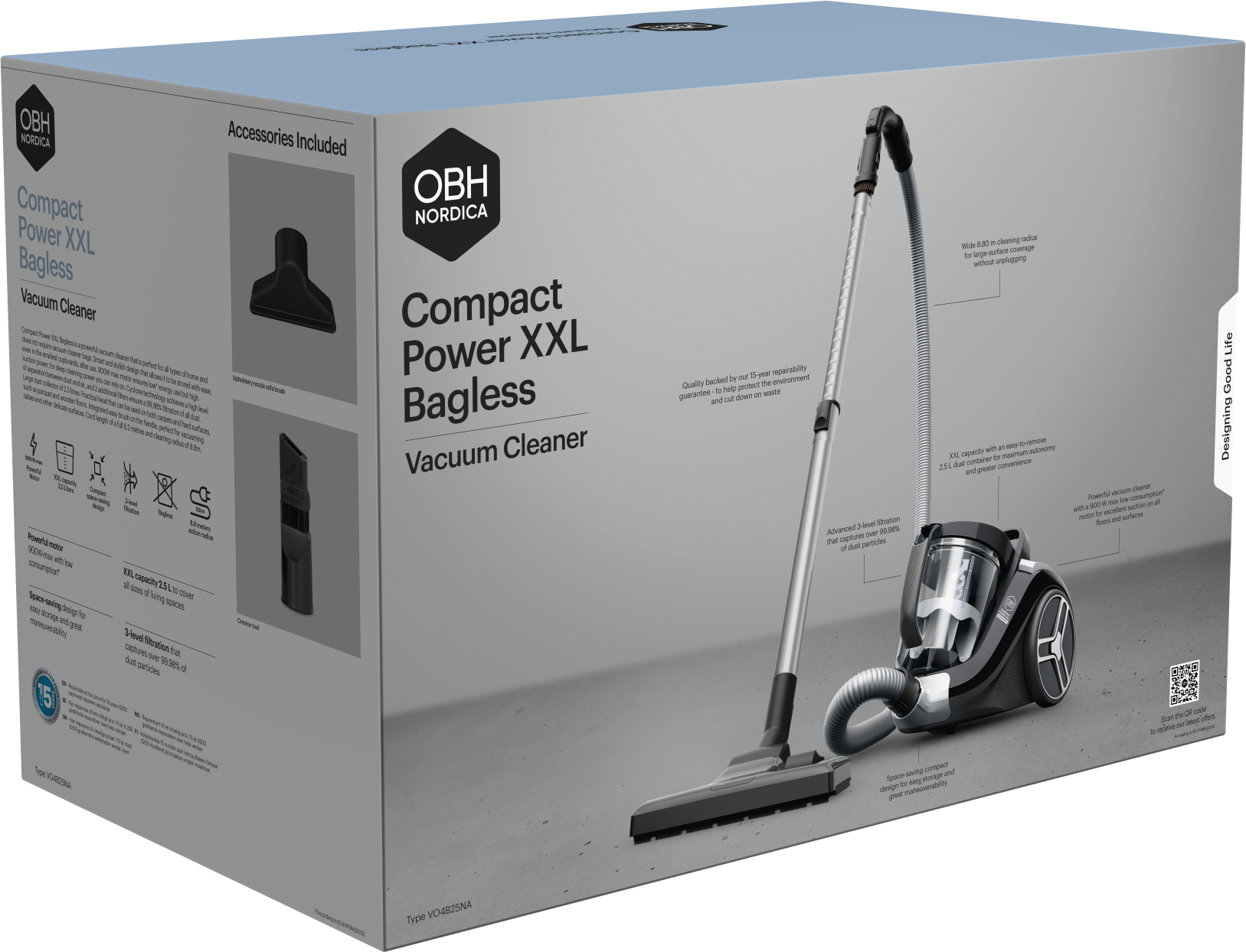 OBH Nordica Compact Power XXL Bagless -pölypussiton pölynimuri, musta