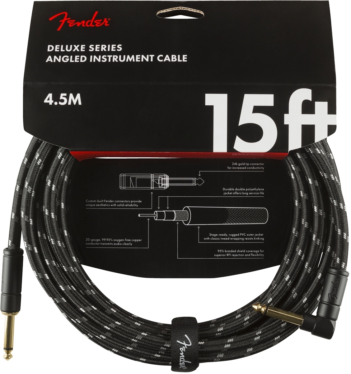 Fender Deluxe -instrumenttikaapeli kulmaliittimellä, 4,5m, Black Tweed