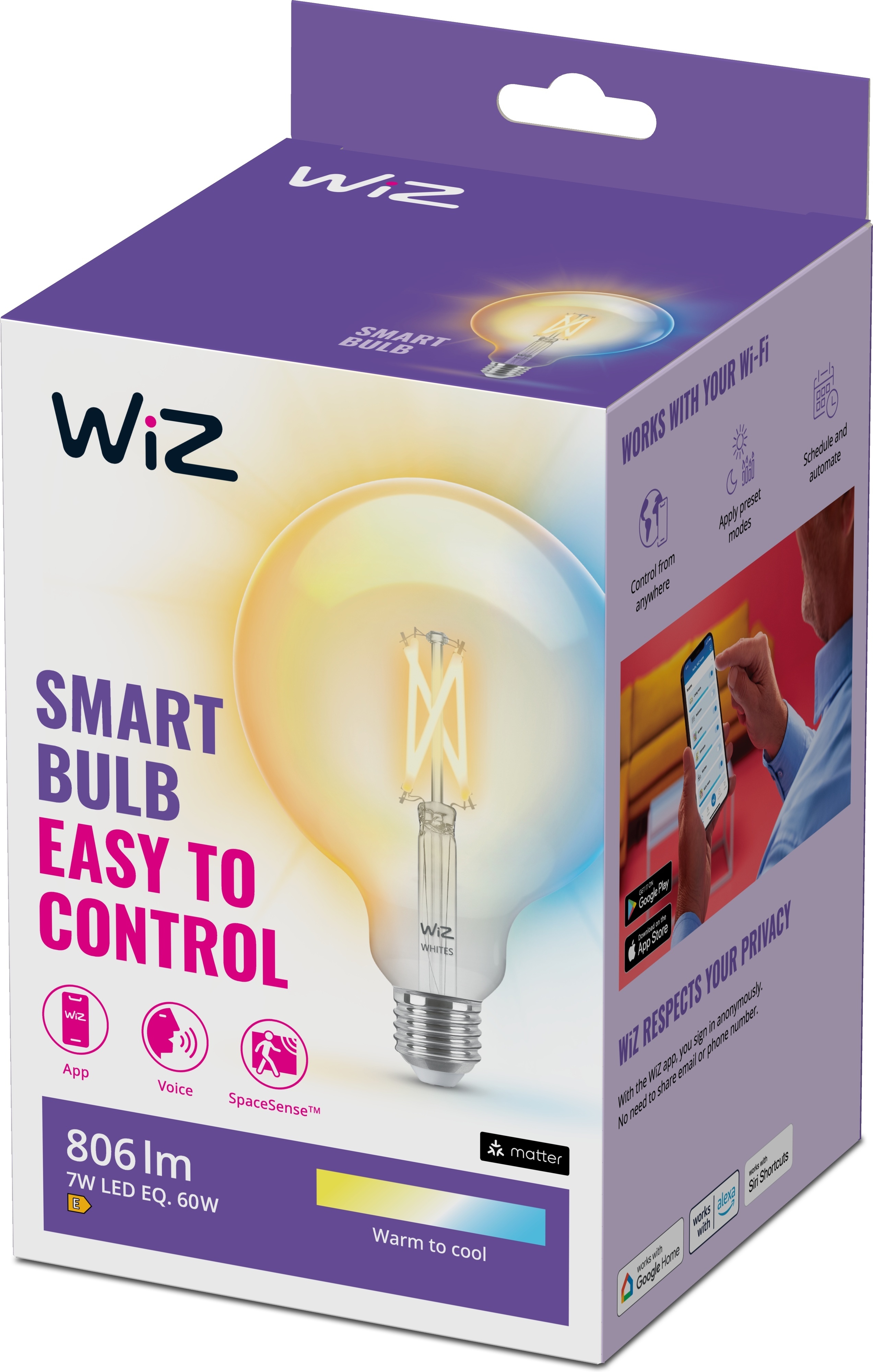 WiZ älylamppu globe, E27, kirkas lasi, tunable white - valkoisen valon sävyt, Wi-Fi, 2700-6500 K, 806 lm, 9 cm
