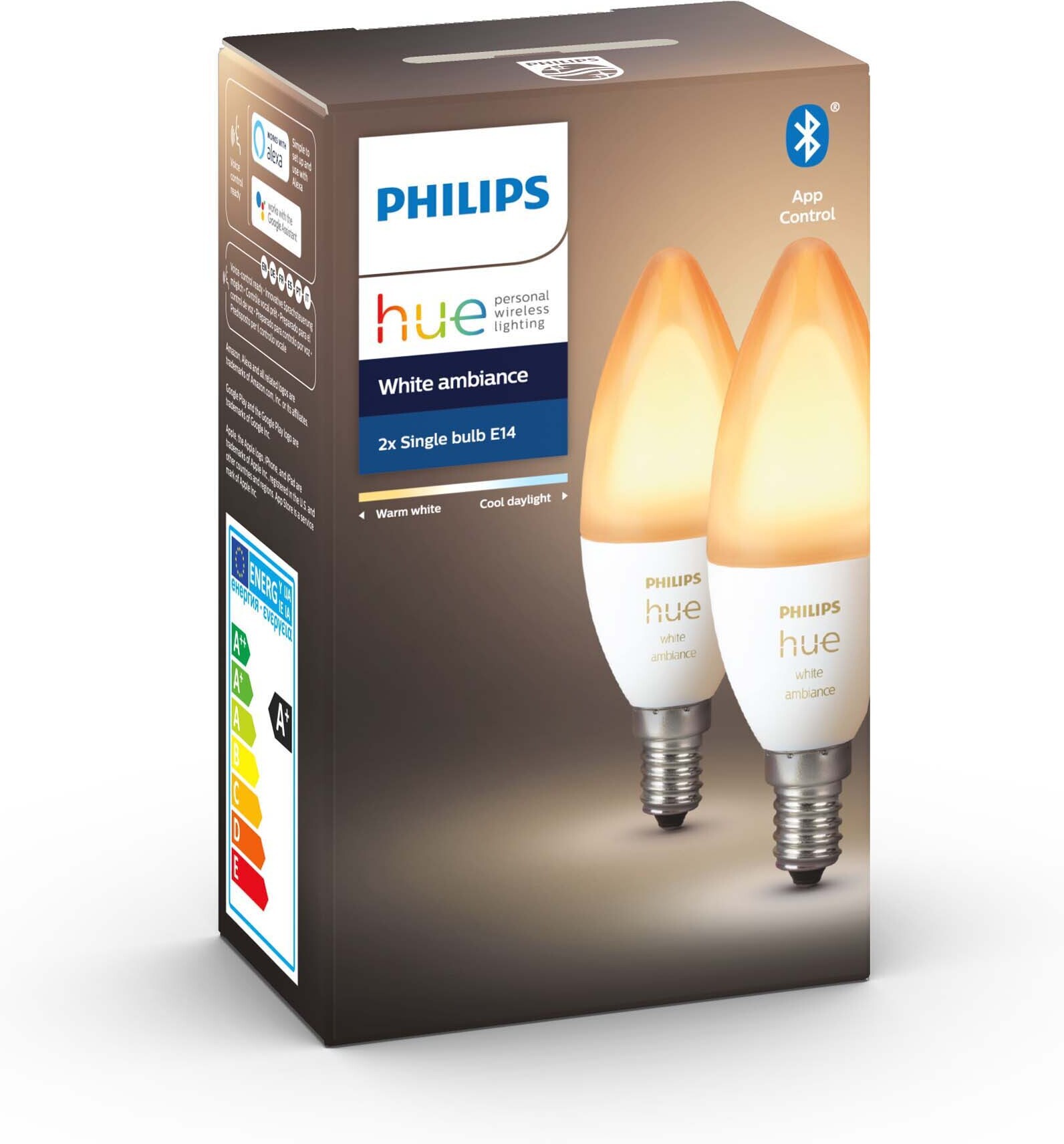 Philips Hue White Ambiance -LED-älylamppu, BT, E14, 470 lm, 2 kpl pakkaus