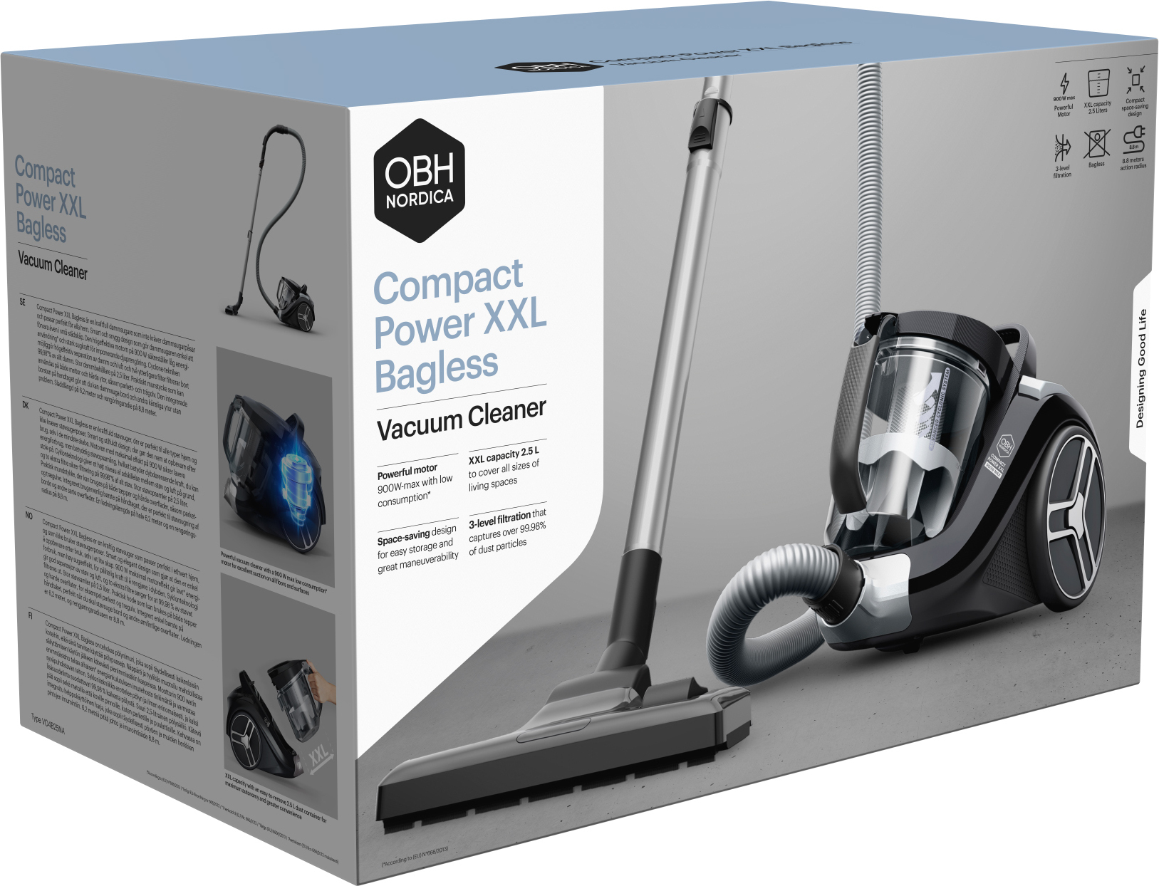 OBH Nordica Compact Power XXL Bagless -pölypussiton pölynimuri, musta