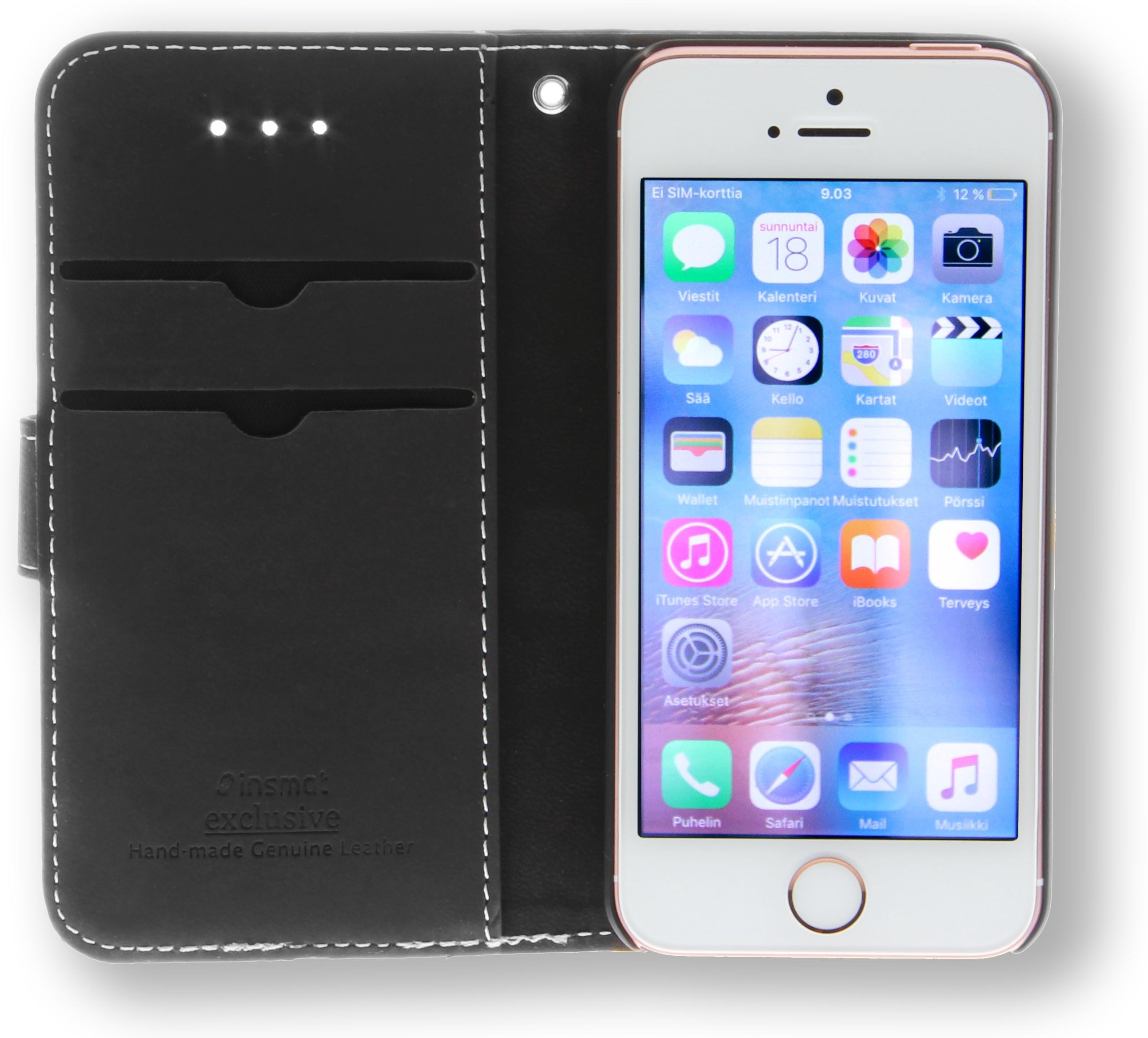 Insmat Exclusive Flip Case lompakkokotelo Apple iPhone SE, musta