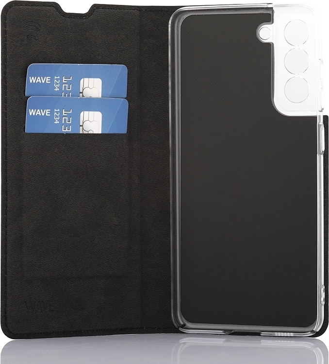 Wave BookCase -suojakotelo, Samsung Galaxy S21 FE 5G, musta