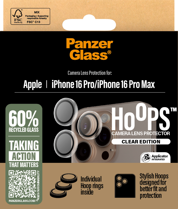 PanzerGlass Hoops -kameran linssinsuoja, iPhone 16 Pro / 16 Pro Max, läpinäkyvä