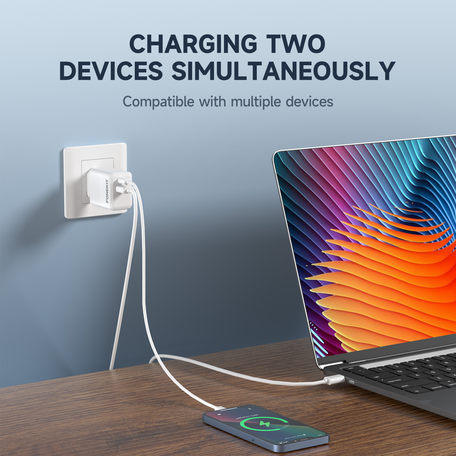 FoneKit Double 20W -laturi, USB-C + USB-A, valkoinen