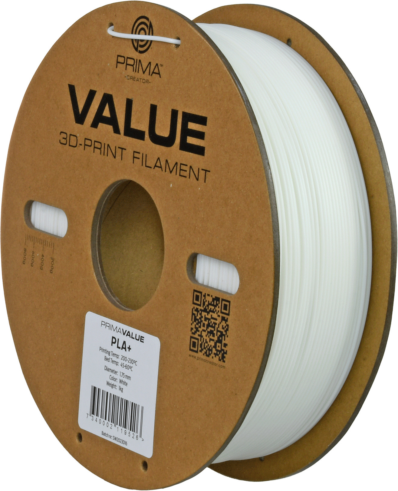 PrimaValue PLA+ -filamentti 3D -tulostimeen, 1.75 mm, valkoinen