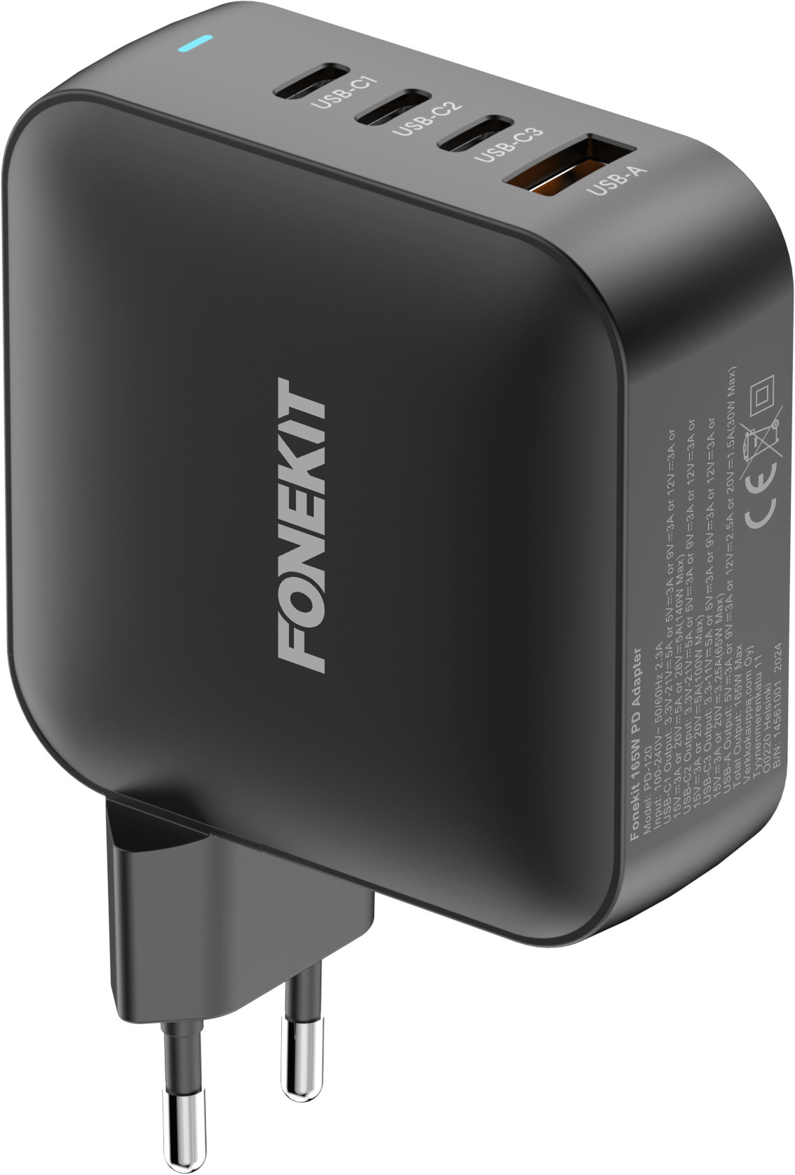 FoneKit GaN PD 165W -verkkovirtalaturi, USB-A + 3 x USB-C, musta