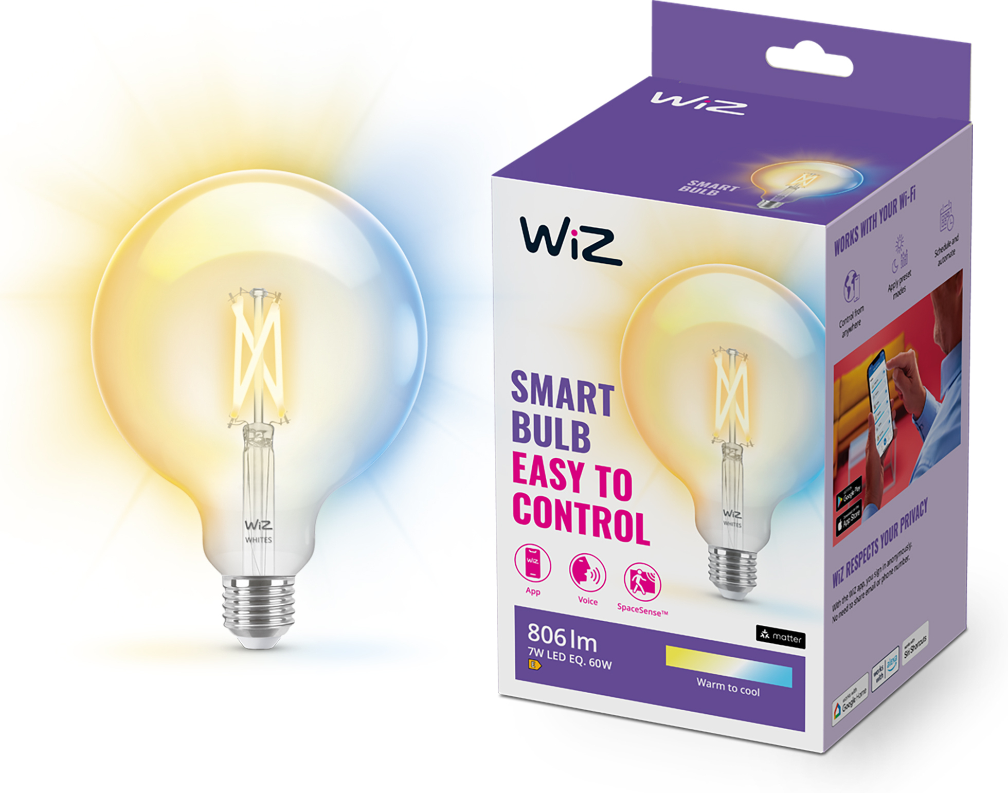 WiZ älylamppu globe, E27, kirkas lasi, tunable white - valkoisen valon sävyt, Wi-Fi, 2700-6500 K, 806 lm, 9 cm